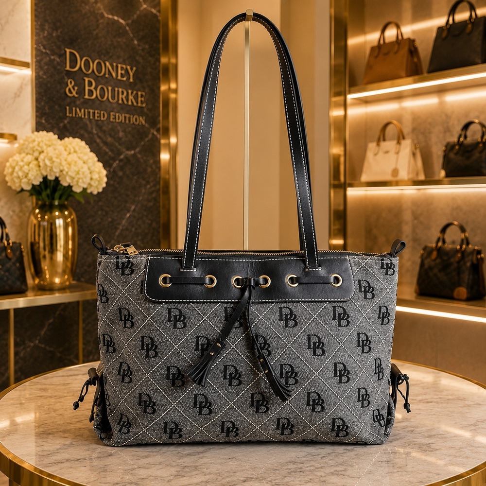 Dooney & Bourke Large Tote Shoulder Bag Black Canvas Monogram Vintage Y2K